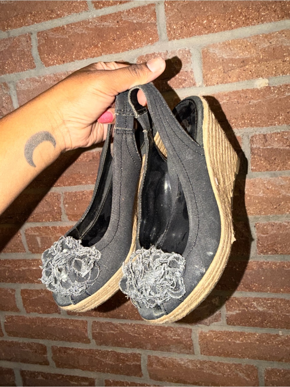 Womens Black Espadrille Wedge Slingback with Floral Accent